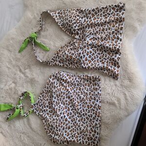 Rebel Beach lime Green & Leopard Print Halter Tankini & Bikini Top Set – Size M